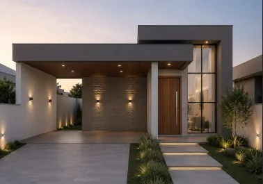 Casa moderna de um andar com fachada em pedra, porta de madeira e jardim iluminado, exemplo de imóvel para a carta de R$ 300 mil