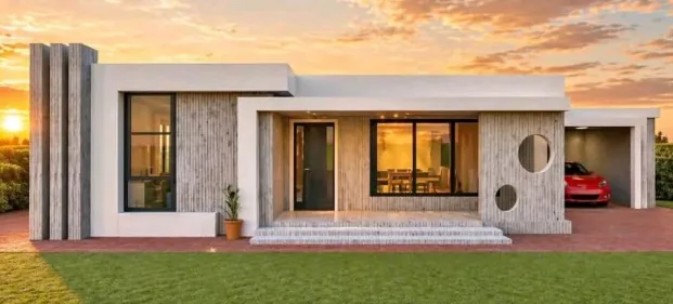 Casa moderna de um andar com fachada em madeira e garagem, exemplo de imóvel para a carta de R$ 400 mil